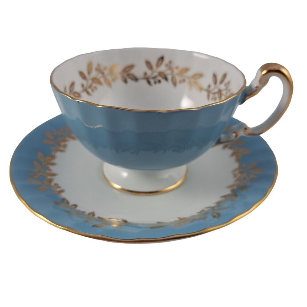 Aynsley Bone China Blue Gold Tea Cup Saucer Set Floral Interior Vintage